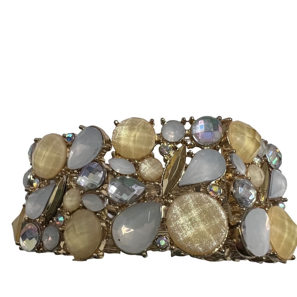 Gold Glamorous Gemstone Stretch Cuff Bracelet Statement Fashion Jewelry